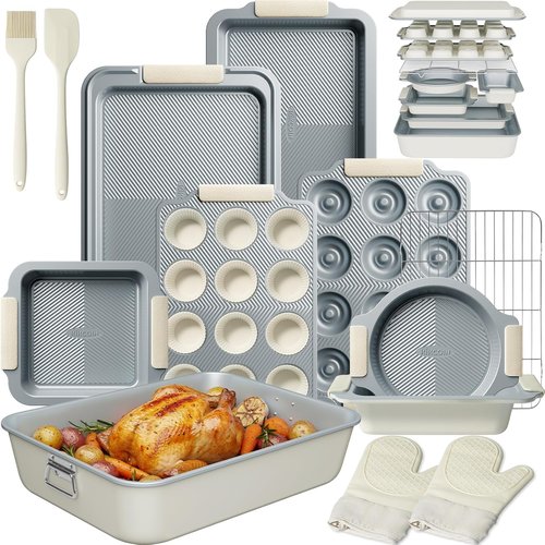 Kikcoin 25 PCS Non-Stick Baking Pans Set - Heavy-Duty Silicone Handle Cookie Sheets | Oven Safe to 450°F, Cream