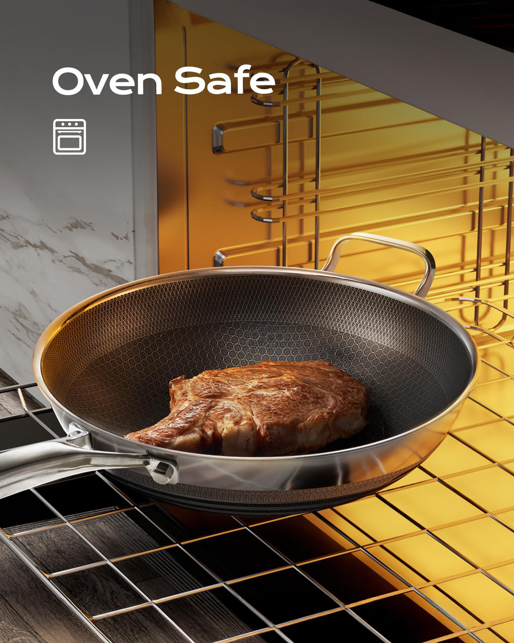 FGJ Wok pan,13 inch Hybrid Wok with Lid,PFOA Free Cookware,Non Stick Stainless Steel Woks & Stir-fry pans Nonstick, Dishwasher and Oven Safe, Works on Induction