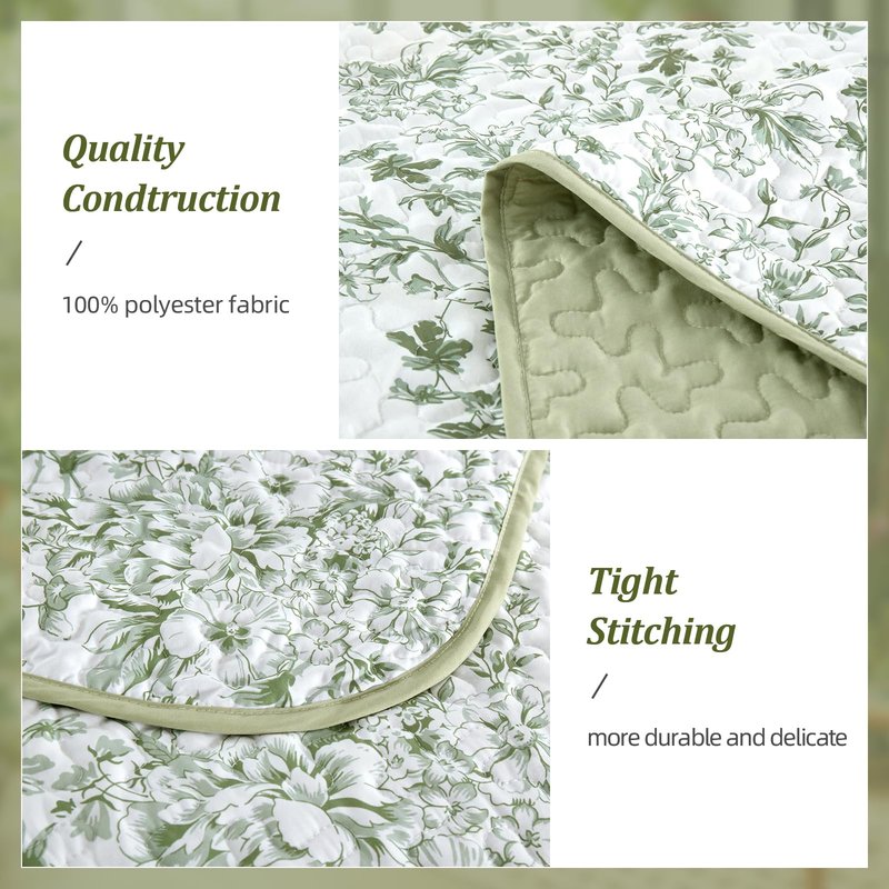 WONGS BEDDING California King Quilt Sets, Sage Green Quilt Bedding Set with 2 Pillowcases, Botanical Quilt for Cal King Bed, Soft Microfiber Lightweight Coverlet Bedspread for All Season (112"×96")