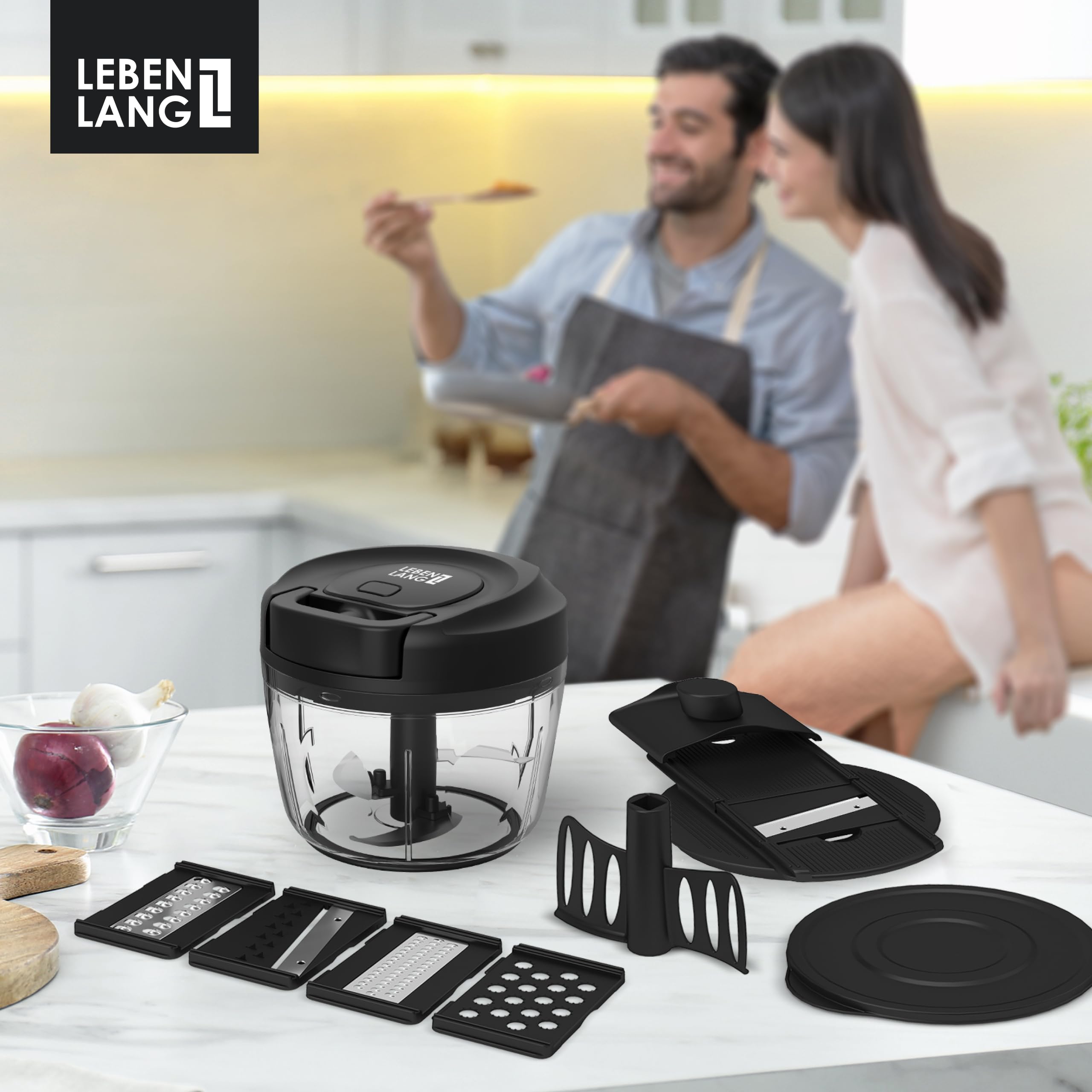 LEBENLANG Manual Food Processor & Onion Chopper - 26 OZ incl. Useful Acessory I BPA-Free I Manual Food Chopper with pull string for garlic & veggie chop I Food mincer vegetable cutter hand pull held