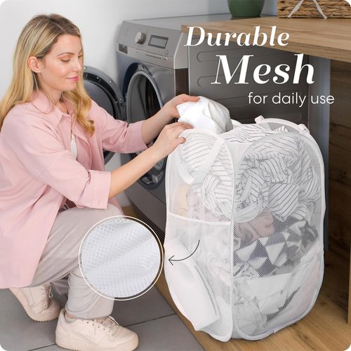Handy Laundry Collapsible Mesh Pop-Up Hamper - 2-Pack, Space-Saving Design with Side Pocket, Breathable & Durable (White)