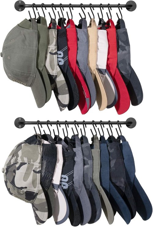 Mkono Hat Rack - Modern Wall-Mounted Cap Organizer with 20 Hooks | Set of 2 Black for Bedroom and Entryway