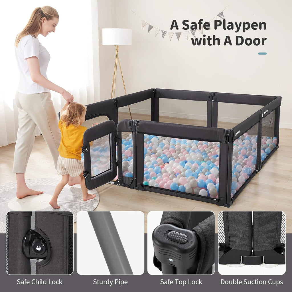 Regine Switzerland Baby Playpen - Foldable Adjustable Play Yard with Door | Heavy-Duty Toddler Playpen, Black