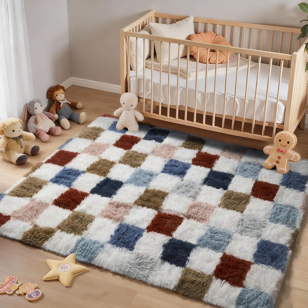 Ophanie Checkered Rainbow Rug - Colorful Fluffy Area Rug for Living Room & Bedroom | 4x6 Shag Plush Carpet