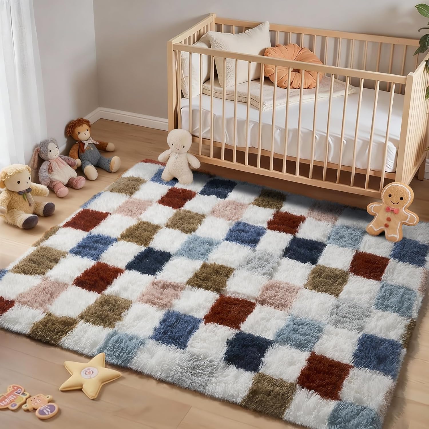Ophanie Checkered Rainbow Rug - Colorful Fluffy Area Rug for Living Room & Bedroom | 4x6 Shag Plush Carpet
