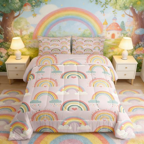 Manfei Girly Rainbow Comforter Set Twin Size, Cute Cloud Heart Bedding Set 2pcs, Cartoon Style Down Comforter for All Season, Kids Boy Girls Room Decor, Lightweight Duvet Insert, 1 Pillowcase