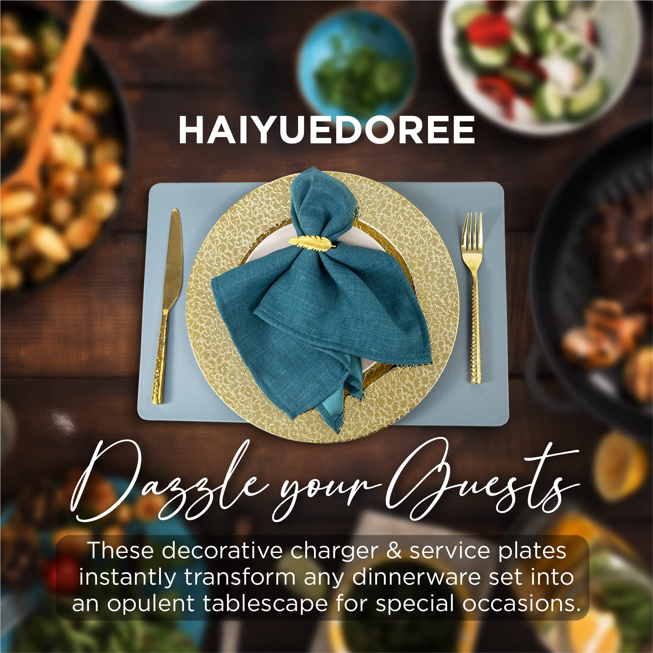 HAIYUEDOREE Gold Charger Plates, Set of 24 Plate Chargers for Dinner Plates – Round Plastic Table Chargers with Electroplating for Table Decor, Wedding Decor and Cocktail Parties [Gravel]…