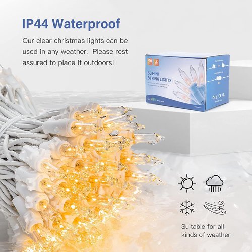 Hopolon Mini String Lights - 50-Count Clear Christmas Lights with White Wire | Warm White for Holiday Decor
