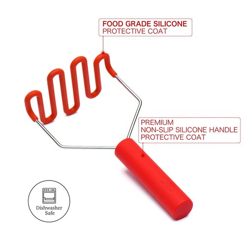Jell-Cell Potato Masher - Silicone Protect Body with Premuim Stainless Steel Non-Scratch Cookware for Smooth Mashed Potato Vegetables and Fruits Color Red