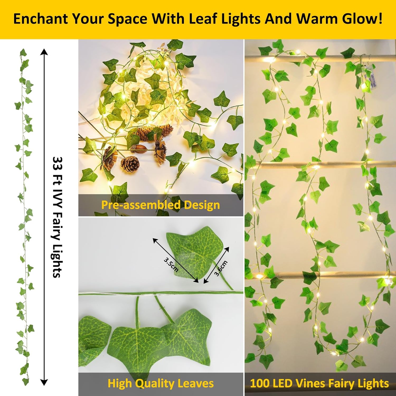 Skiennix Ivy String Lights - 33Ft 100 LED Battery Operated Fairy Lights with Remote | Warm White for Bedroom & Garden Decor