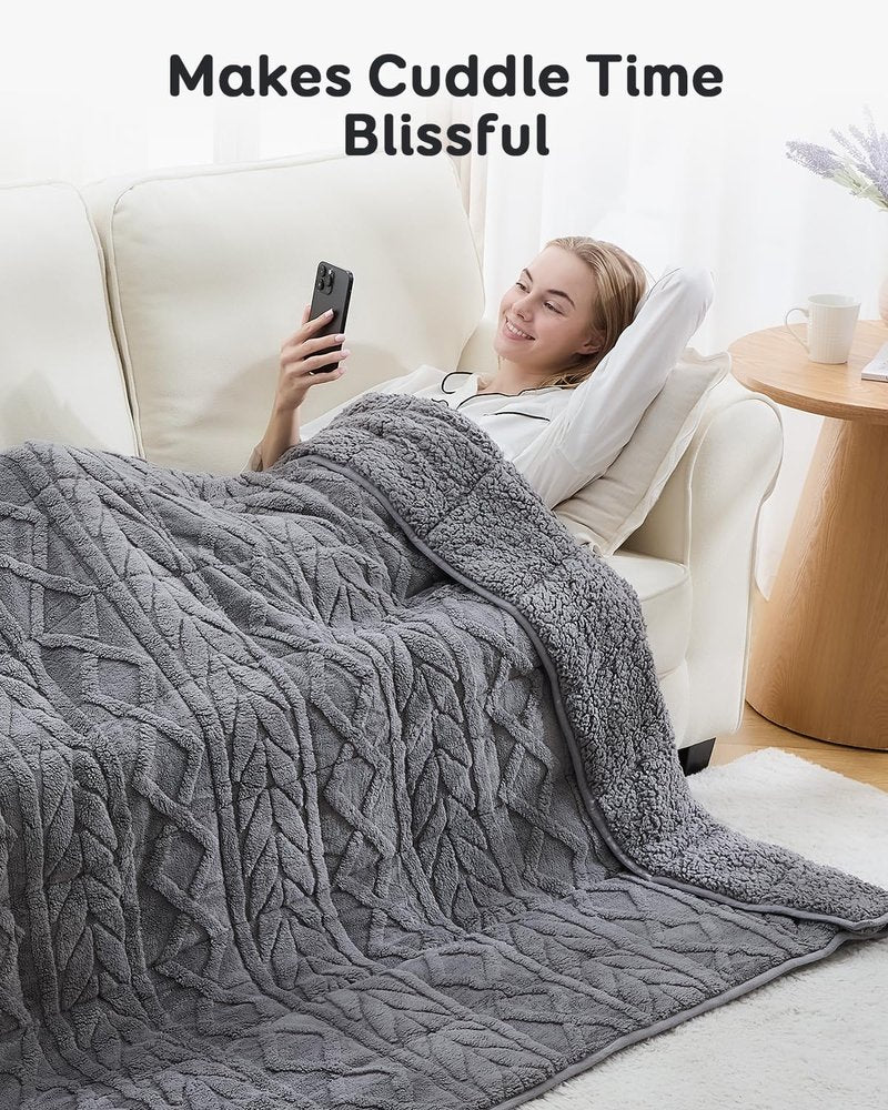 Sivio Weighted Blanket Full Size 15 lbs for Adults, Sherpa Fleece Weighted Blanket Jacquard Heavy Blanket for Sleeping, Reversible Super Soft Warm Cozy Fluffy Blanket for Adult, 48 x 72inches, Grey