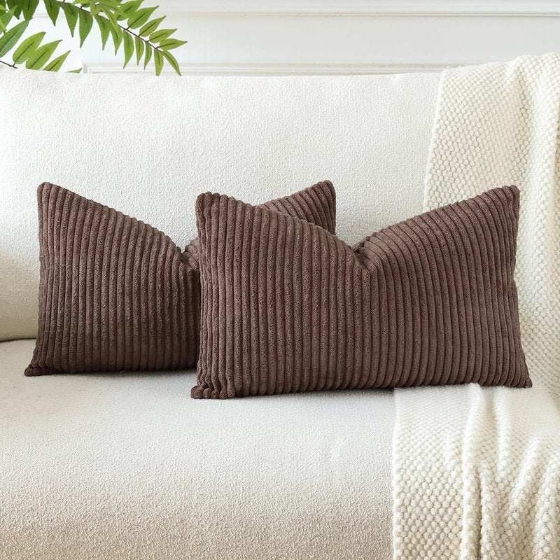 OTOSTAR Boho Decorative Throw Pillow Covers 16 x 24 Inch Soft Corduroy Solid Striped Pillow Covers Lumbar Cushion Case Couch Pillowcases for Sofa Bed Home Decor Pack of 2 (Dark Brown)