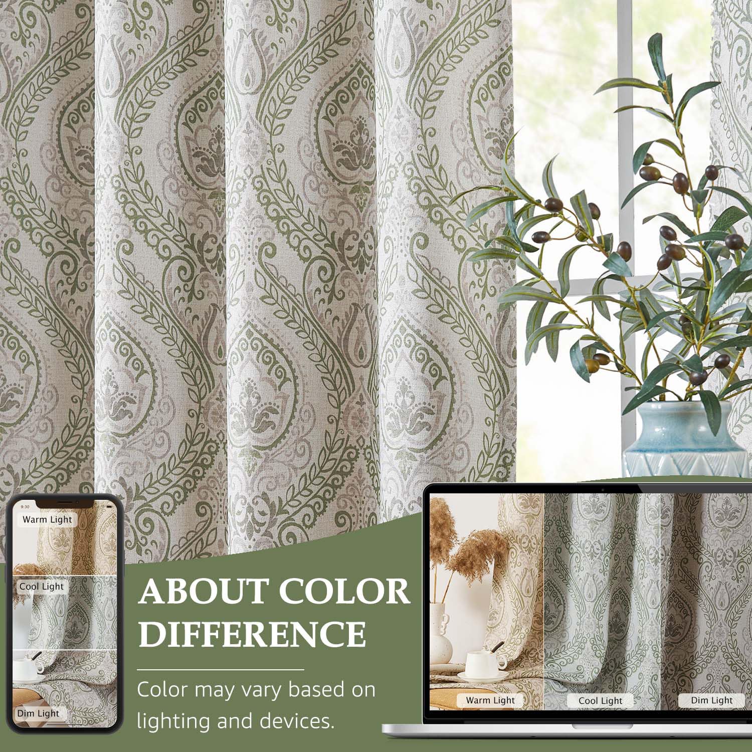 jinchan Sage Green Curtains for Living Room Darkening 84 Inch Length, Linen Textured Medallion Drapes for Bedroom, Damask Pattern Window Treatments Vintage Curtain Panels, 2 Panels Green