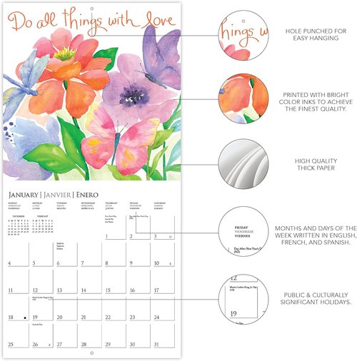 Graphique 2026 Mini Wall Calendar - Live Love Laugh | 7” x 7” | Thick Paper | Multilingual & Holiday Marked