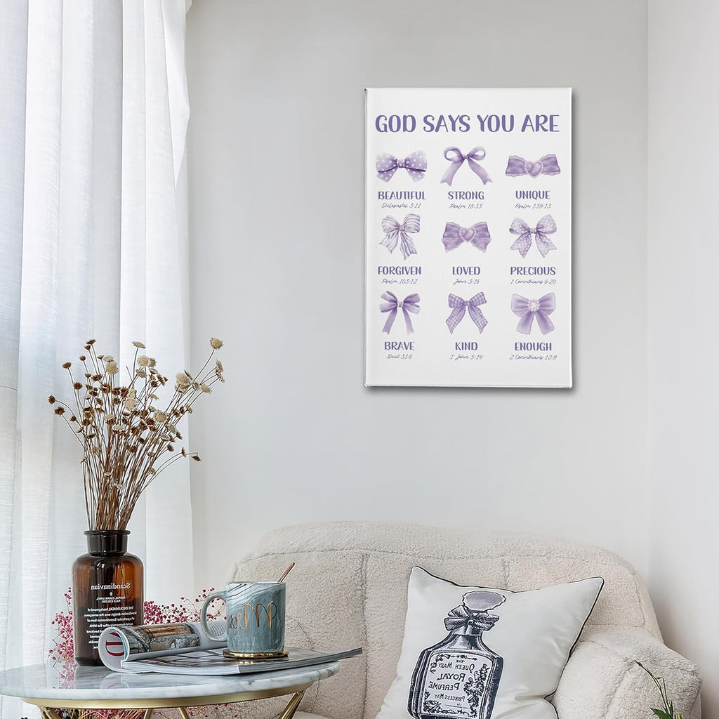 PHAMTE Christian Wall Art - Purple Bow Canvas Decor 16x24 | Inspirational Bible Verse for Girly Room