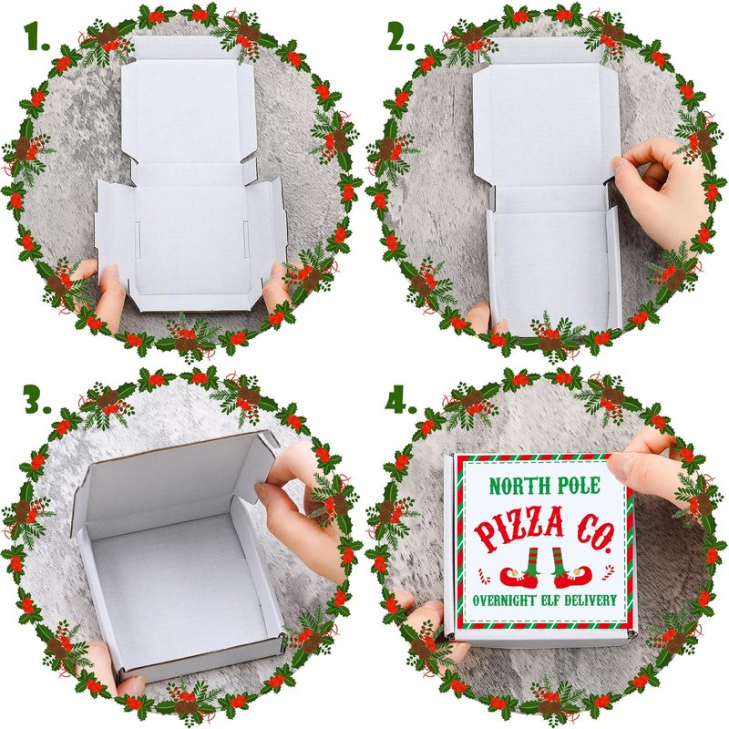 Tioncy 100 Pcs 3.54 x 3.54 x 0.78 Inch Mini Pizza Box with Elf Stickers - Square Flat Cardboard Cookie Pizza Box for Christmas, Birthday Party Favors, Valentines Day