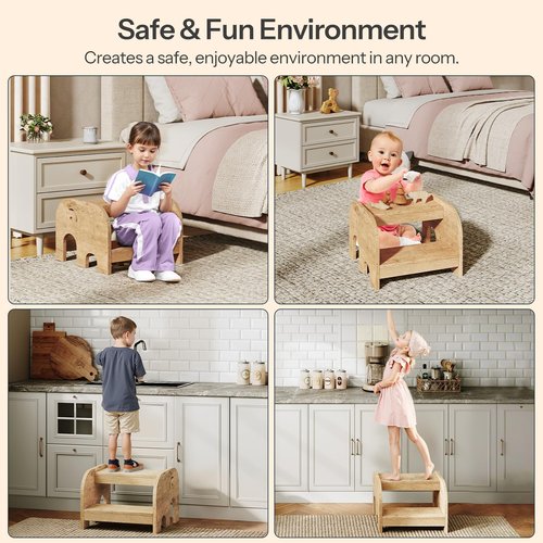 HOOBRO Kids Step Stool, Elephant-Shaped 2-Tier Step Stool for Kids, Wooden Potty Training Stool, Non-Slip Pads for Safety, Easy to Move for SNK, Bathroom, Kitchen, Bedroom, Natural NL04JD01
