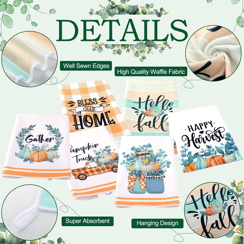 Kajaia 6 Pcs Thanksgiving Kitchen Towels Set Fall Hand Towels Absorbent Buffalo Plaid Autumn Pumpkin Truck Eucalyptus Leaves Decorative Tea Dishcloths for Bathroom Home Farmhouse Decor Harvest Gifts