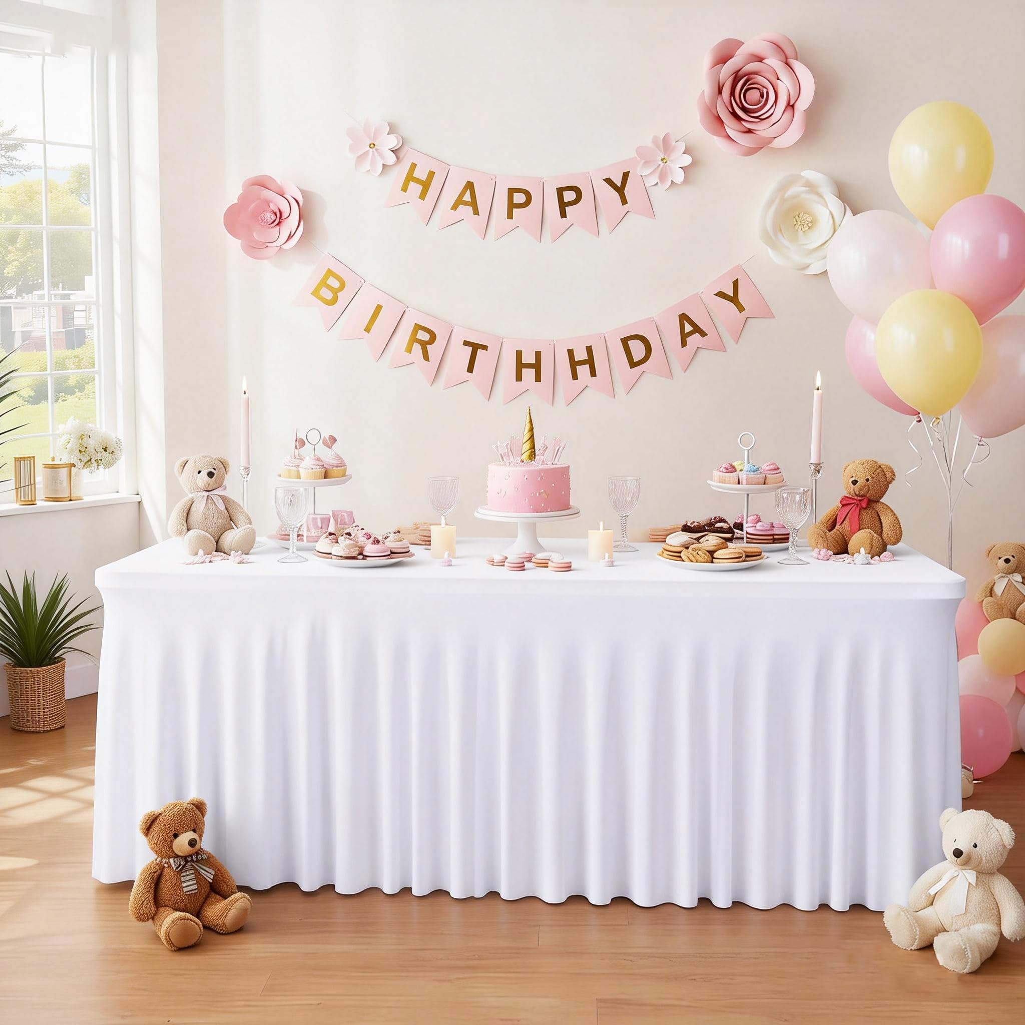 2 Packs White Tableclothes for 8 Foot Rectangle Tables, Wrinkle Resistant Fitted Table Cloth Stretch Spandex Table Covers with Skirt for Event Banquet Wedding Birthday Party