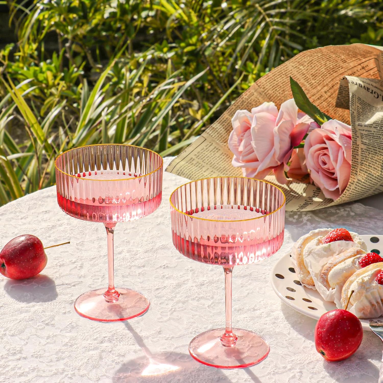 Skiennix 12 PCS Pink Ribbed Coupe Glasses - 10oz Vintage Cocktail Cups with Detachable Gold Rim