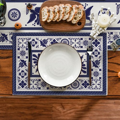 Artoid Mode Talavera Tiles Floral Phoenix Fiesta Mexican Placemats Set of 6, 12x18 Inch Seasonal Fall Holiday Table Mats for Party Kitchen Dining Decoration