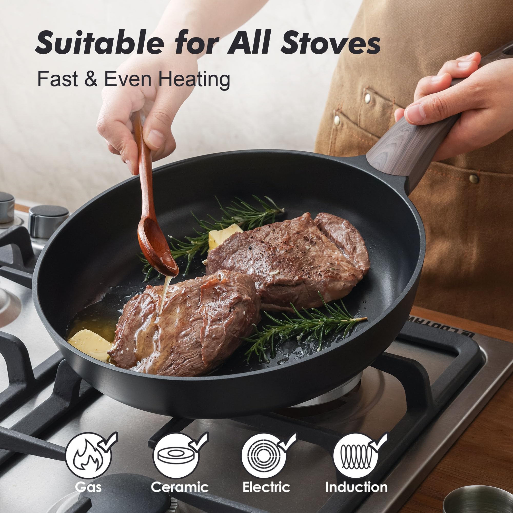 SENSARTE 9.5Inch Frying Pan Nonstick Skillet Chefs with 12Inch Deep Fry Pan 5Quart Saute Pan, Free of Intentionally Added PFOA/PFOS, Induction Compatible