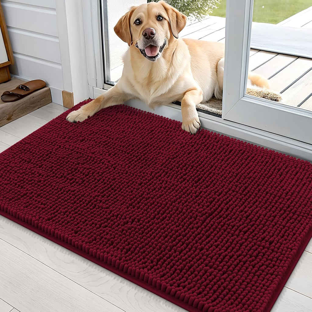 OLANLY Dog Door Mat - Absorbent Non-Slip Chenille Mat for Muddy Paws | 35x24 Inches, Burgundy