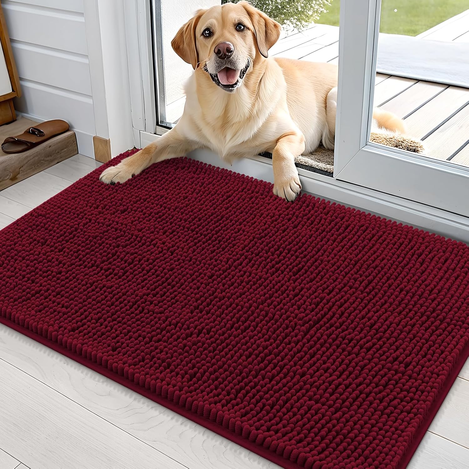 OLANLY Dog Door Mat - Absorbent Non-Slip Chenille Mat for Muddy Paws | 35x24 Inches, Burgundy