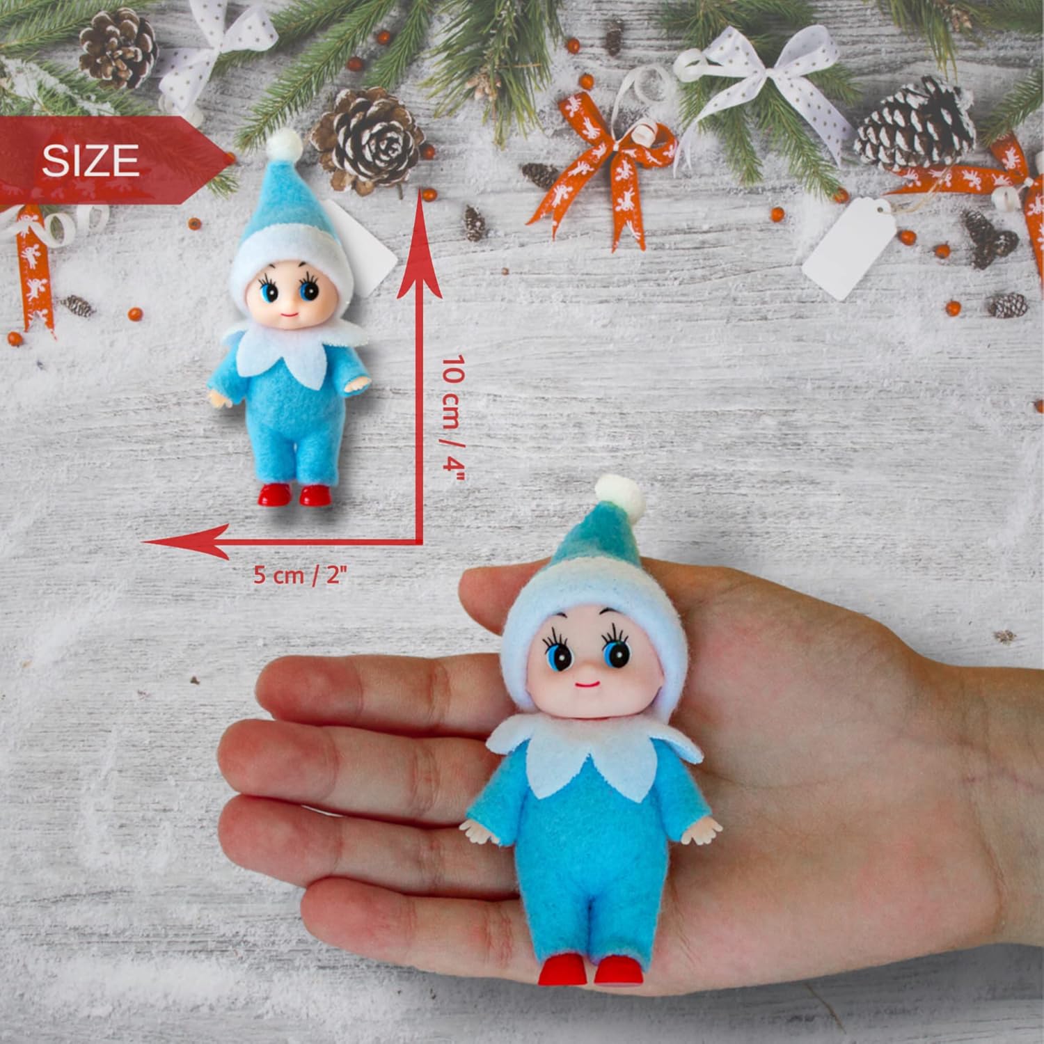 Regine Switzerland Christmas Baby Elf Doll - Adorable Blue Jumpsuit for Holiday Cheer