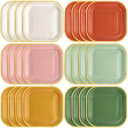 Tiangrid 60 Pcs Boho Colorful Paper Plates 7 Inch Gradient Disposable Square Dessert Party Plates with Gold Edge for Birthday Wedding Bridal Baby Shower Party Supplies, 6 Colors