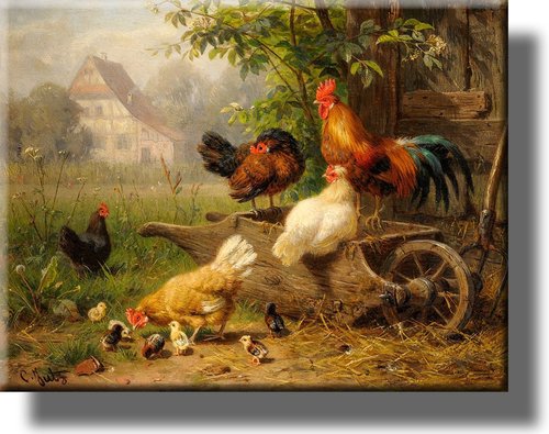 ArtWorks Decor Chicken on Wheelbarrow Picture on Stretched Canvas, Wall Art Décor, Ready to Hang! (14" x 18")