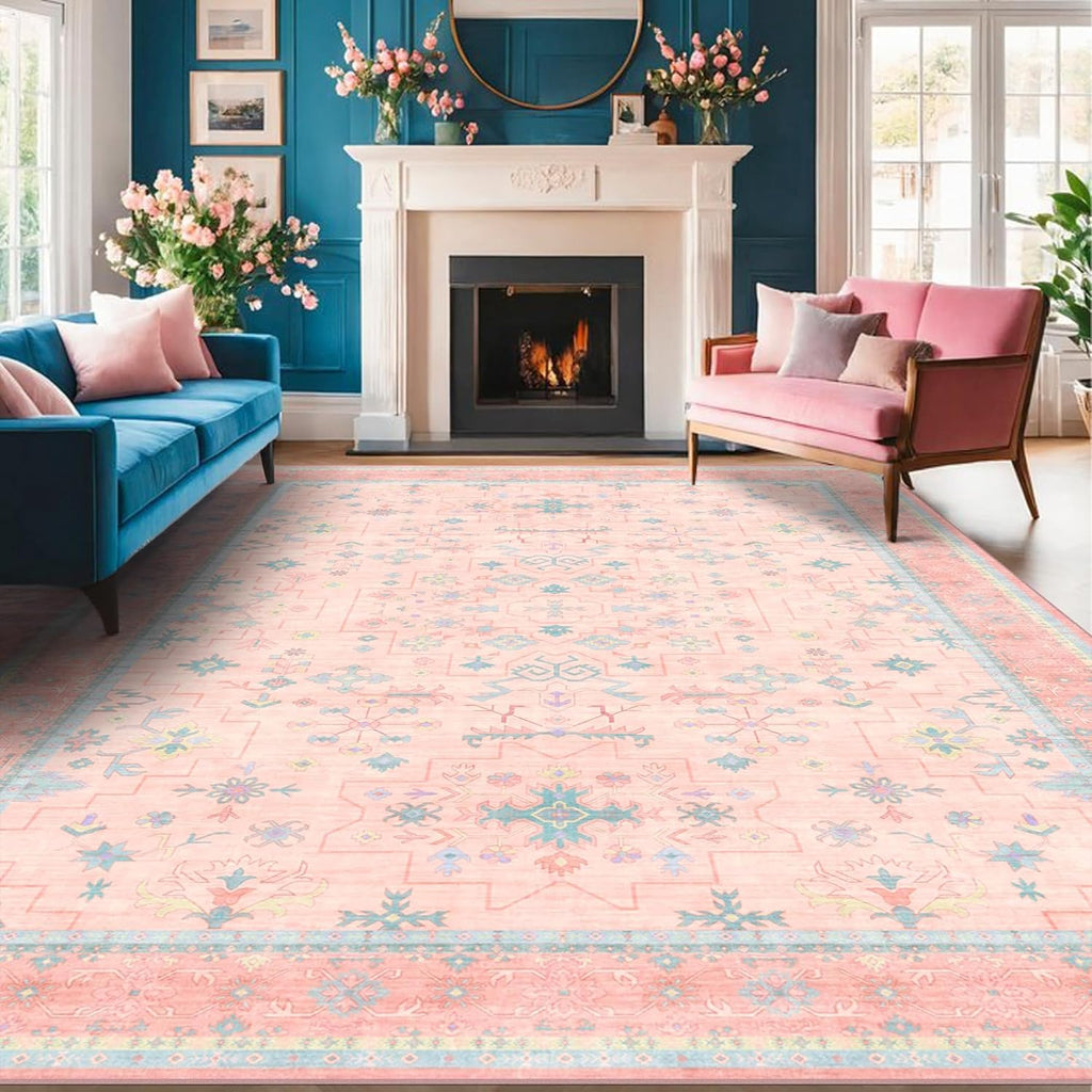 Skiennix Boho Area Rug - Washable Pink & Blue Floral Design | 6x8 Soft Non-Slip Carpet for Kids' Rooms