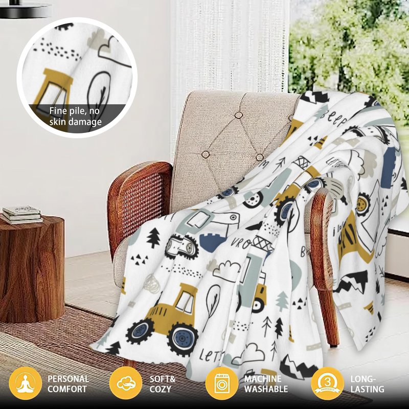 Cute Cars Truck Tractor Bulldozer Excavator Throw Blanket Soft Warm Cozy Lightweight Flannel Blanket for Bedding Sofa Travel 50"X60"