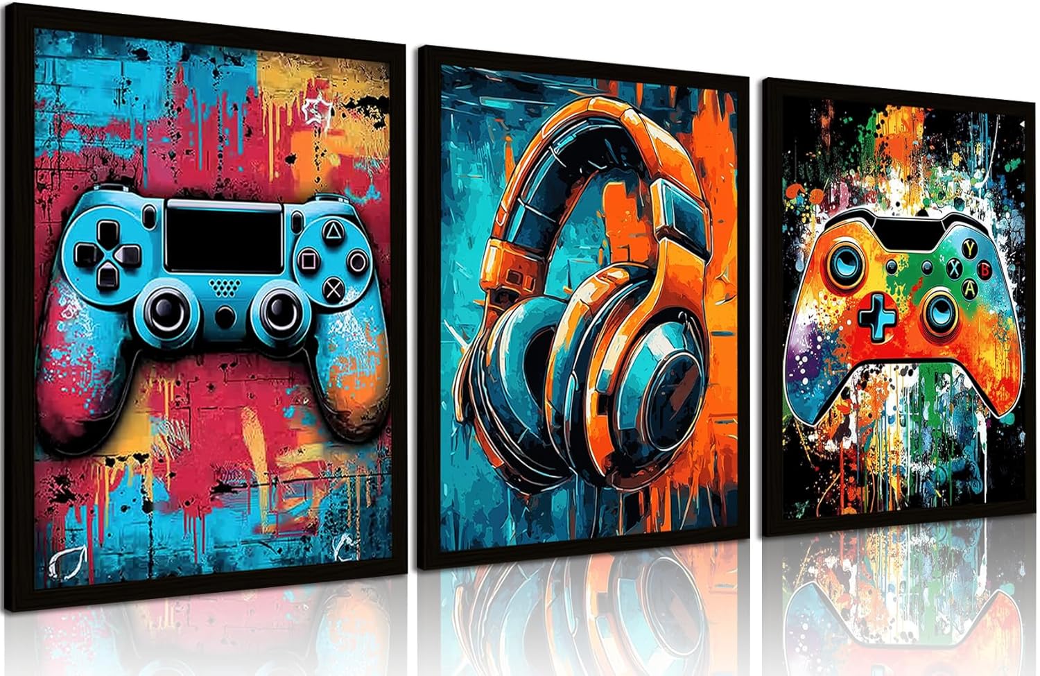 Skiennix Framed Gaming Wall Art - Neon Watercolor Graffiti Gamepad Decor | 8x10in, Set of 3