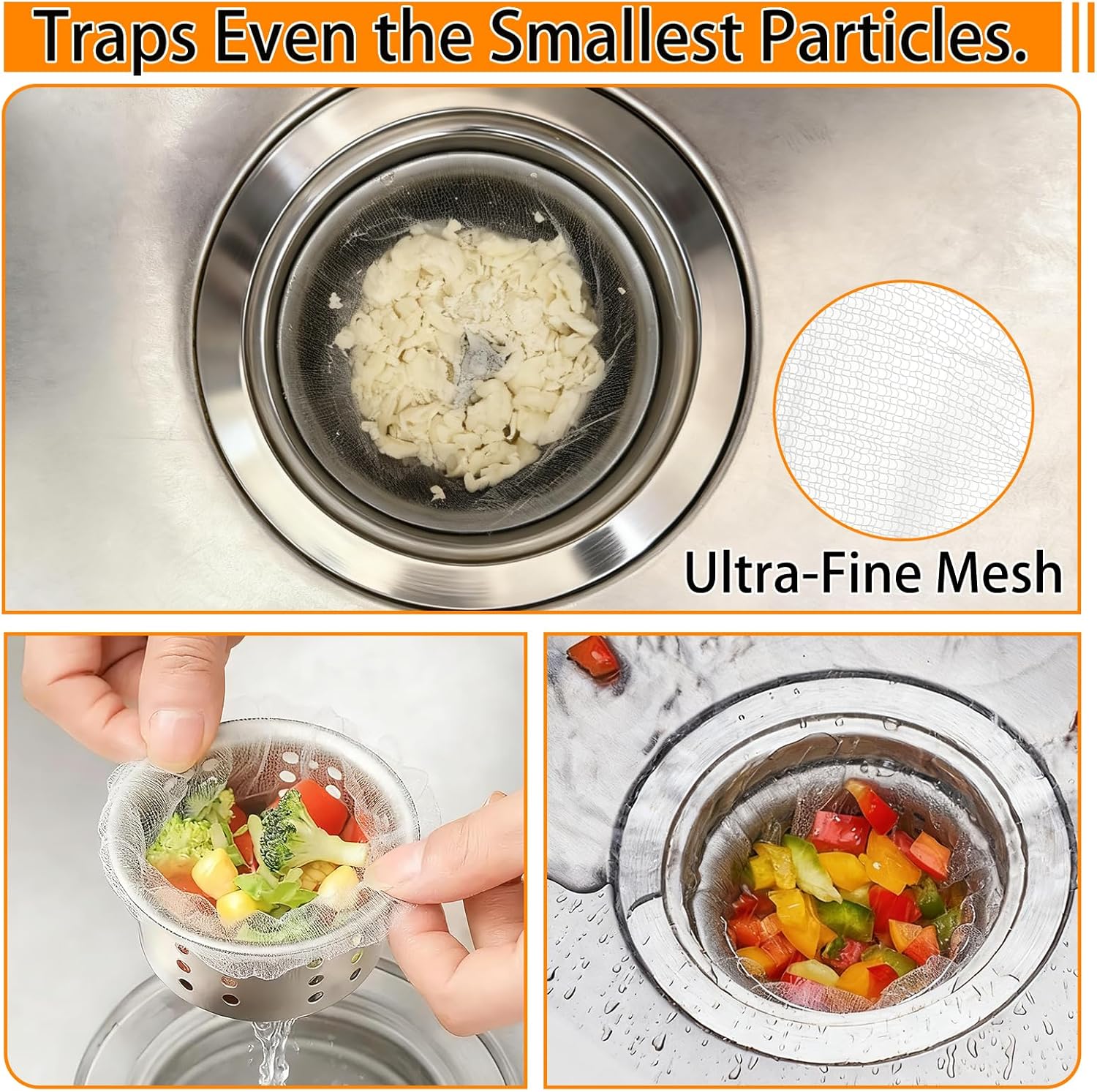 Skiennix 400 Pack Disposable Sink Strainer Bags - Ultra-Fine Elastic Mesh Food Catcher for Kitchen Drains