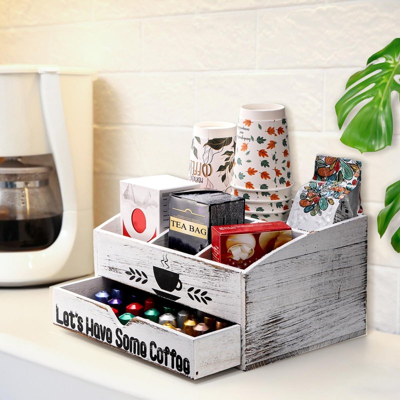 Nicunom Coffee Station Organizer for Countertop, Coffee Bar Accessories Organizer Rustic Wood K Cup Espresso Pod Holder, Coffee and Tea Condiment Storage Caddy for Cups, Coffee Pods, Sugar, Syrup