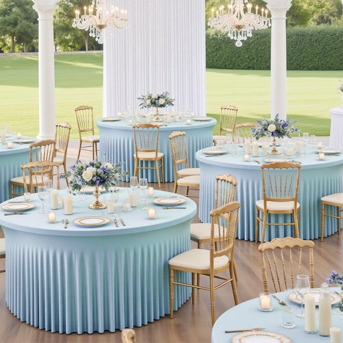 GALLETY 4 Pack Baby Blue Round Tablecloths for 6FT Tables, 132 inch Fitted Round Tablecloth with Skirt, Wrinkle Free Stretchy Table Cloth for Easter Party, Family Reunion & Spring Events