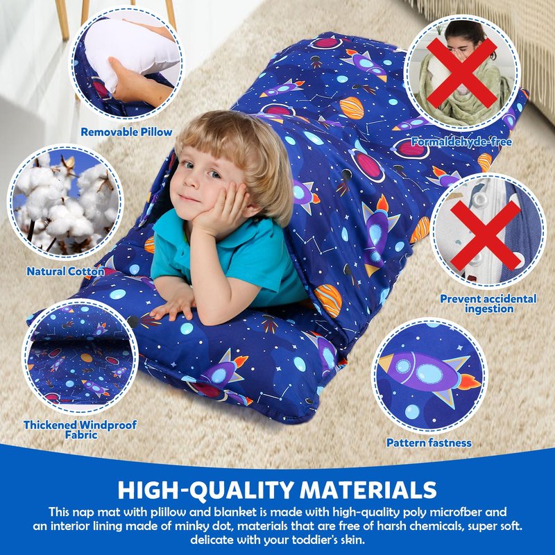 Toddler Nap Mat with Removable Pillow and Blanket, Sleeping Bag for Kids, Lightweight and Soft Slumber Bags for Preschool, Sleeping Mats for Daycare Sweat Absorbing and Breathable (Navy Blue Rocket)