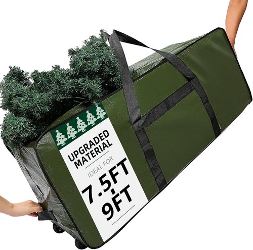 HOMEST Christmas Tree Storage Bag - Zippered, Reinforced Handles & Wheels for 7.5-9 ft Trees | Green