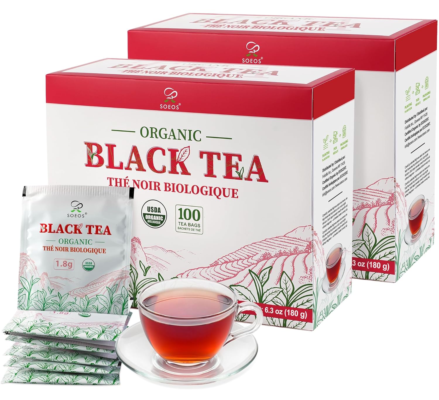 Soeos Organic Black Tea Bags - Bold Aroma & Smooth Flavor | 6.3oz (180g) Pack of 2, Premium Quality