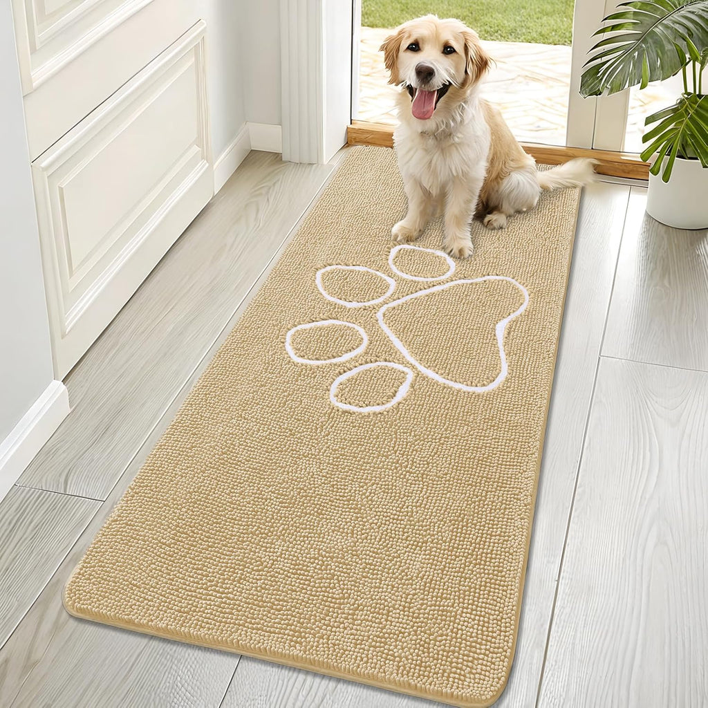 OLANLY Dog Door Mat - Absorbent Non-Slip Chenille for Muddy Paws | 70x32 Paw Print Design, Quick Dry Beige