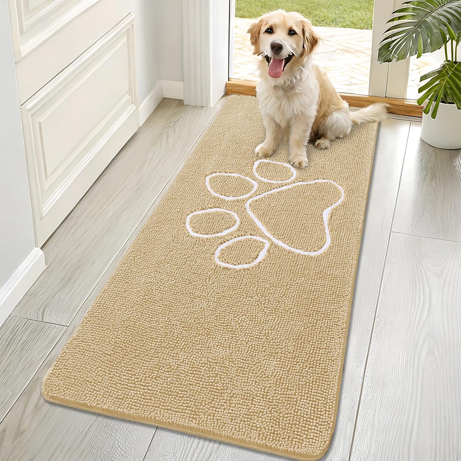 OLANLY Dog Door Mat - Absorbent Non-Slip Chenille for Muddy Paws | 70x32 Paw Print Design, Quick Dry Beige