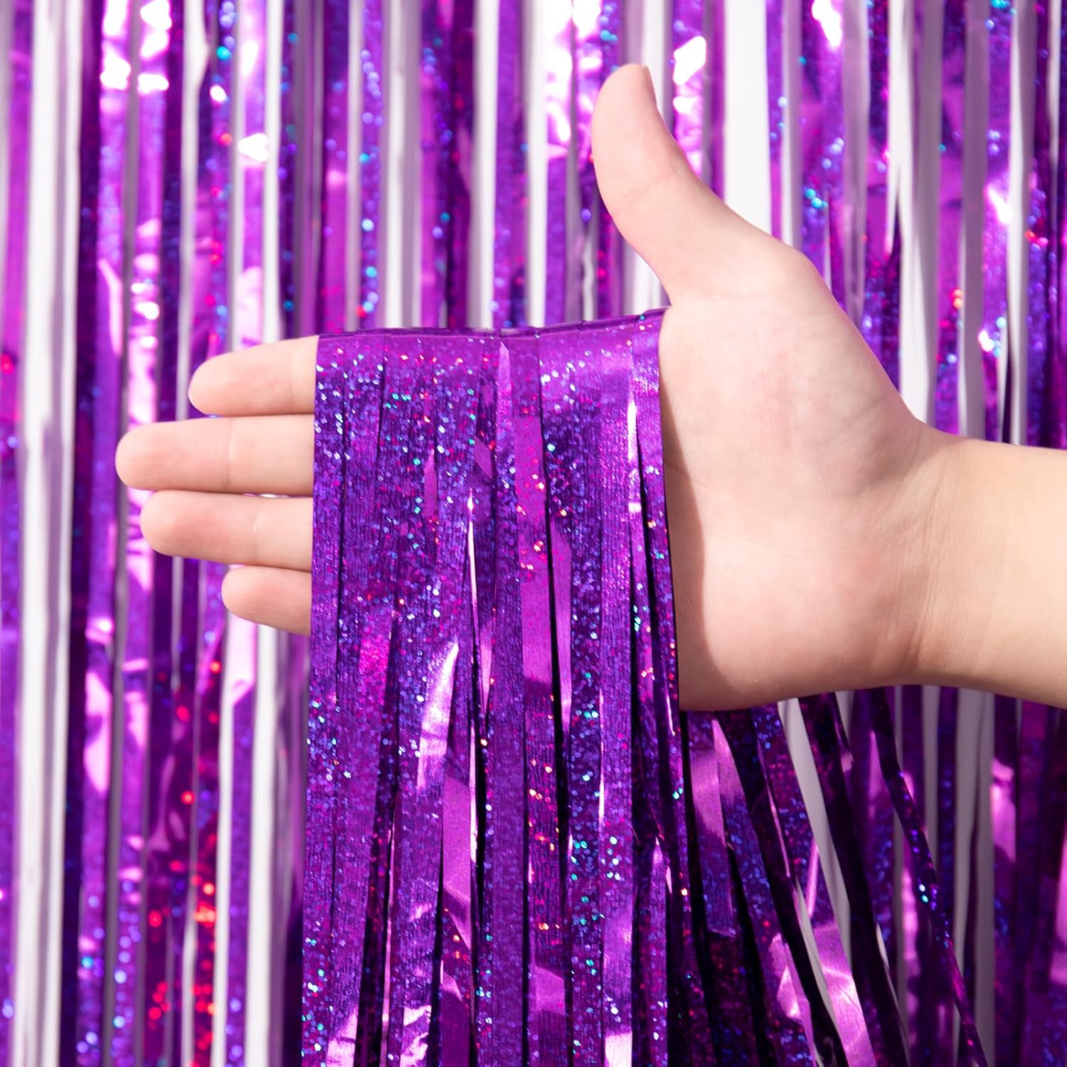 Voircoloria Laser Purple Foil Fringe Backdrop Curtains - 3 Pack 3.3 x 8.2 ft Tinsel Streamers for Parties