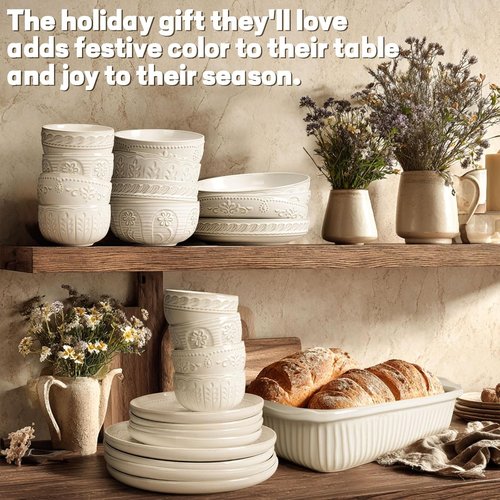 Artena Ceramic Dessert Bowls Set of 4 | 12 oz Embossed White Bowls for Ice Cream & Cereal - Microwave & Dishwasher Safe