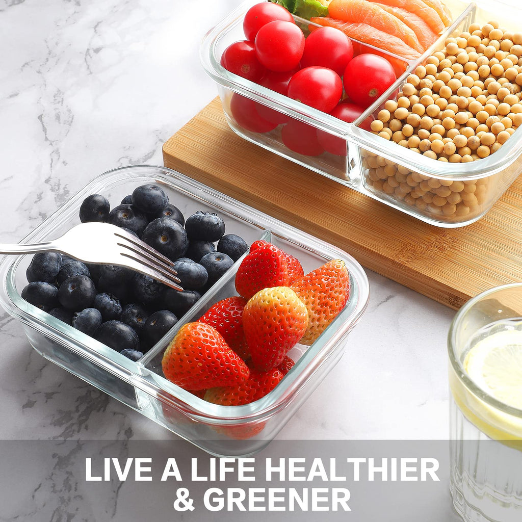 Bayco 9 Pack Glass Meal Prep Containers - 3, 2 & 1 Compartment Glass Food Storage Containers with Lids, Airtight & Leak Proof Lunch Bento Boxes - Grey