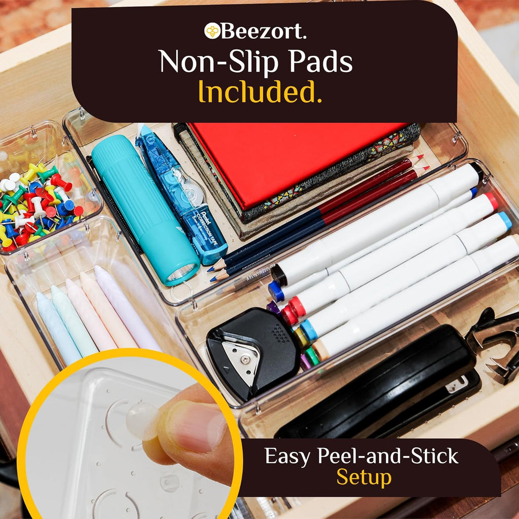 Skiennix 40 PCS Clear Drawer Organizer Set - BPA-Free Plastic Trays with Non-Slip Pads for Kitchen, Bathroom & Office