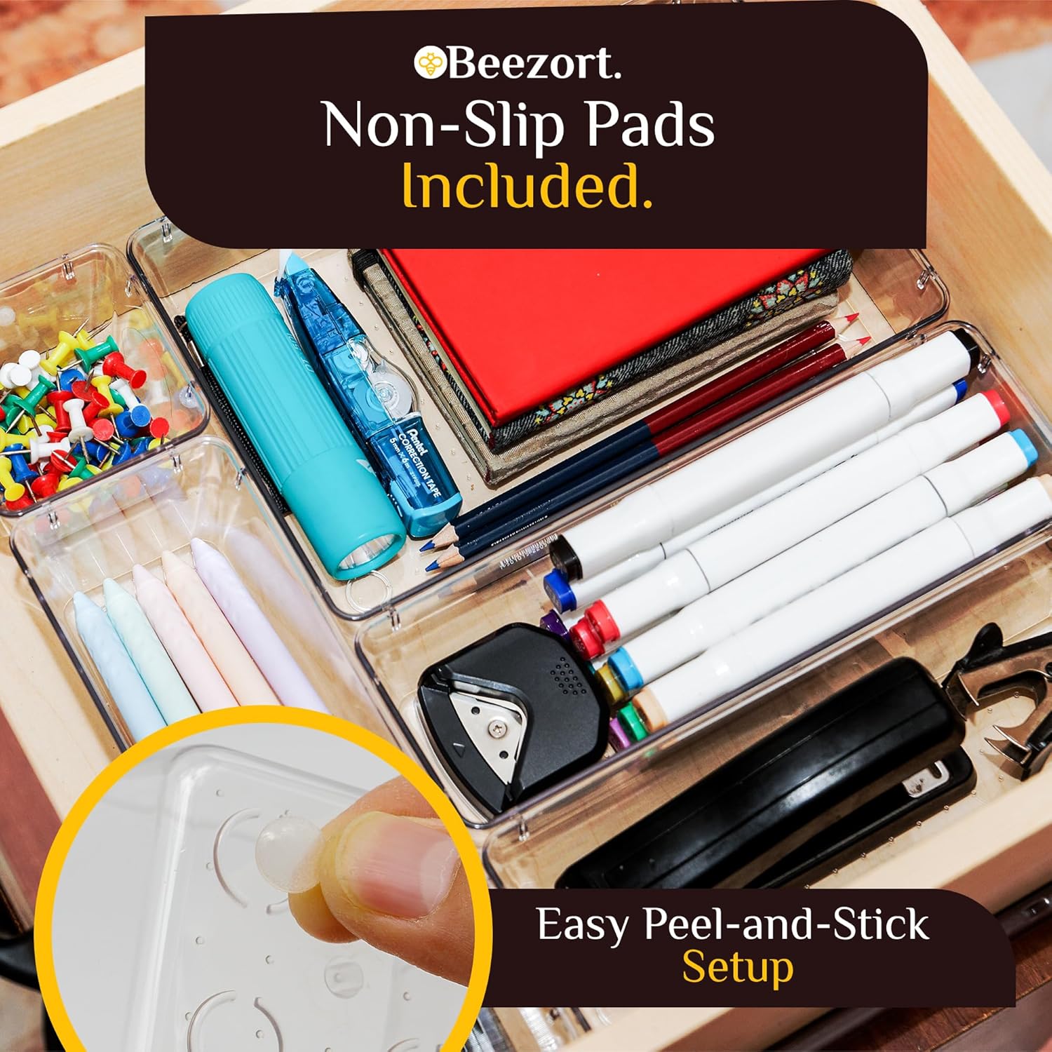 Skiennix 40 PCS Clear Drawer Organizer Set - BPA-Free Plastic Trays with Non-Slip Pads for Kitchen, Bathroom & Office