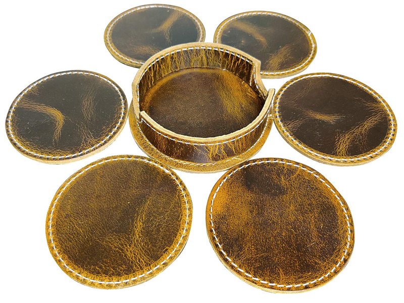 Rustic Town Leather Coasters for Drinks - Cup Coasters Coffee Table Kitchen Table Bar, Home & Office Gifts Handmade Drink Coasters