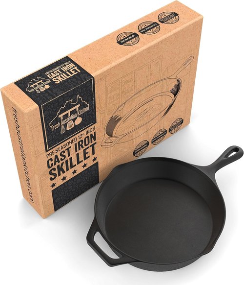Fresh Australian Kitchen 12" Cast Iron Skillet - Nonstick Pre-Seasoned Frying Pan for Cooking