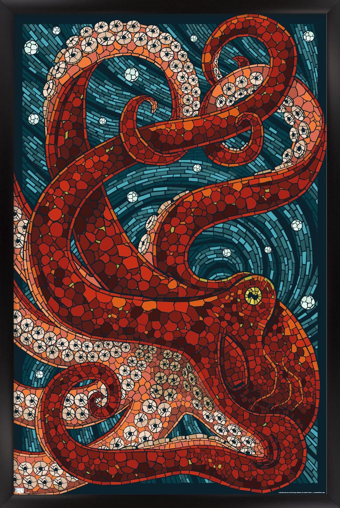 Lantern Press - Yachats, Oregon, Octopus Mosaic Wall Poster, 22.4L x 14.7W, Black Framed Version